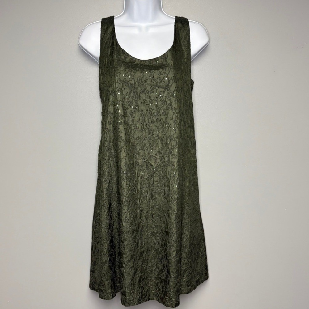 Eileen Fisher 100% Silk‎ Green Sequin Embroider Sleeveless Mini Shift Dress Sz S